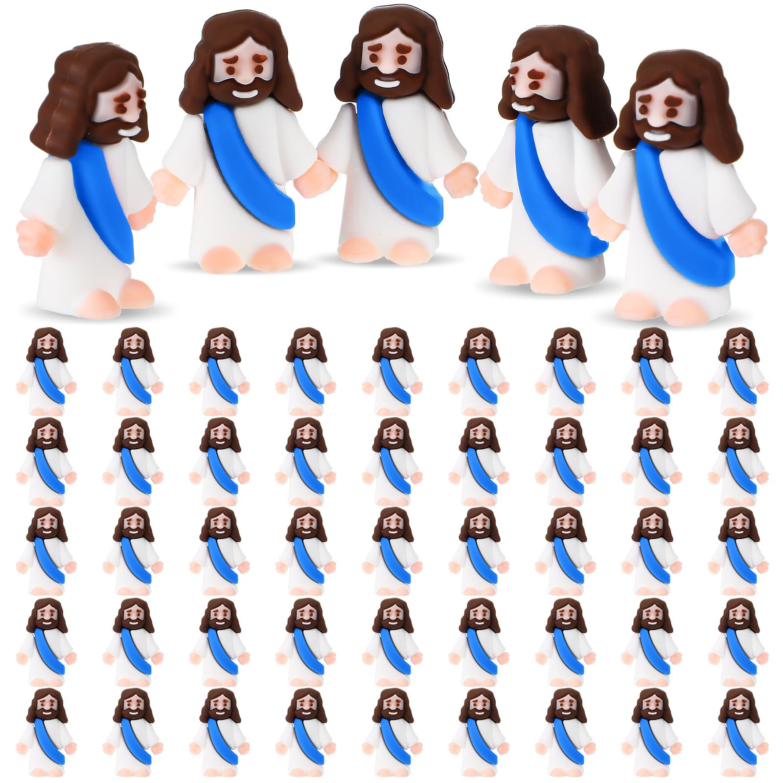 Sumind 50 Pcs Jesus Toys Original Design Mini Rubber Little Jesus Figurine to Hide and Seek Religious Party Favors Sunday School Craft Baptism Gifts for Easter Egg Stuffers(Blue)