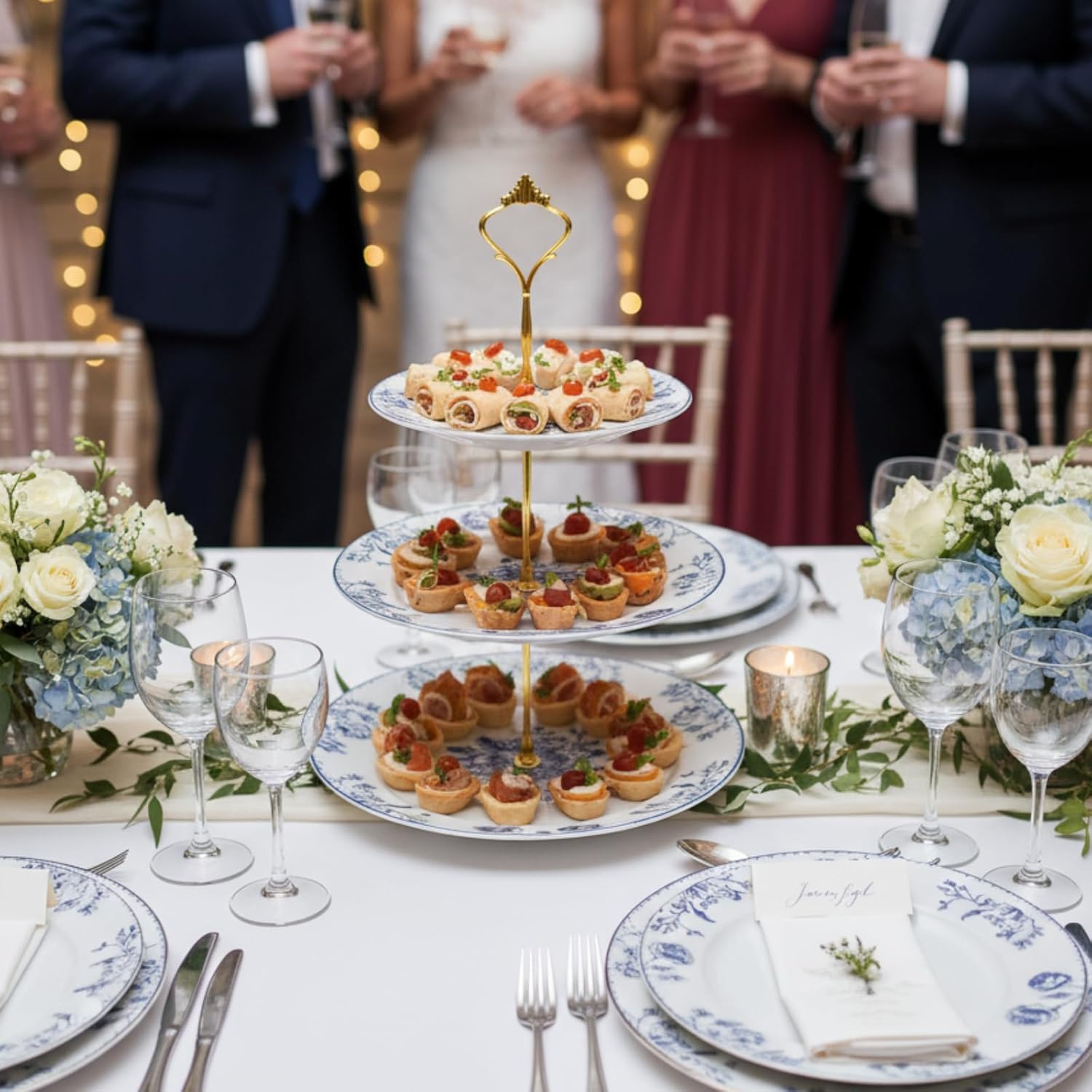 Lallisa Blue Floral 3 Tier Dessert Stand 10", 9" and 7" Ceramic Vintage Chinoiserie Tea Party Tiered Tray Cake Stand Display Holder Tower for Something Blue Before I Do Bridal Shower Decorations