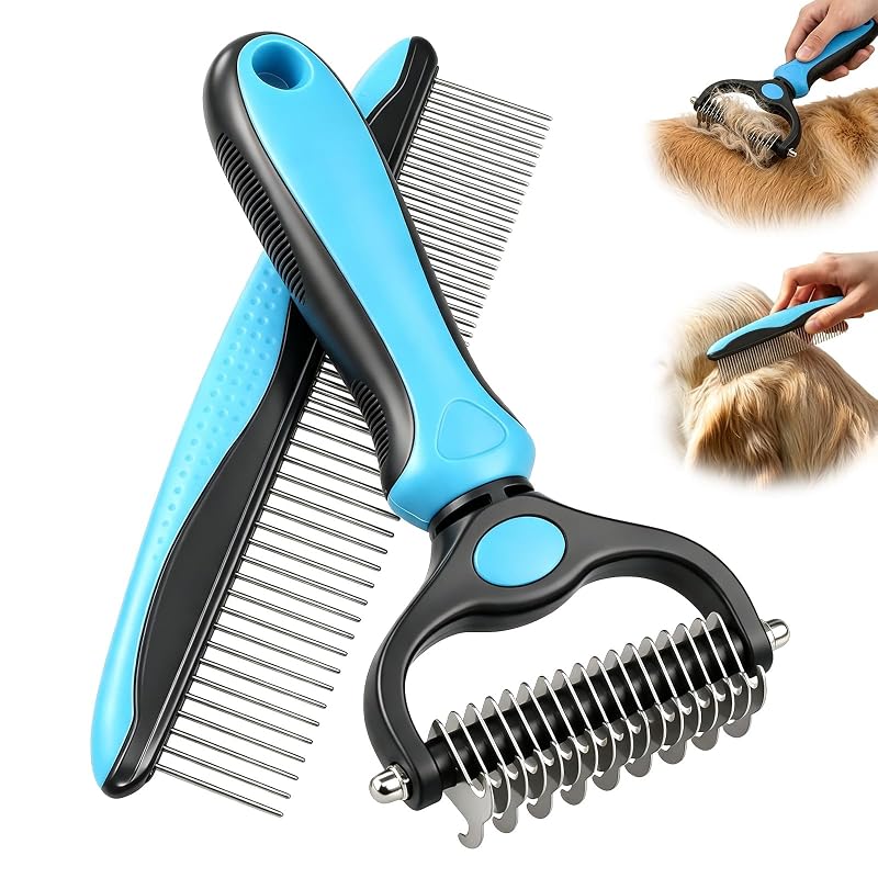 Pente Desembaraçador 2 em 1 para Cães e Gatos Meltrexni com Rastelo de Subpelo e Pente Metálico, Azul, 2 unidades
