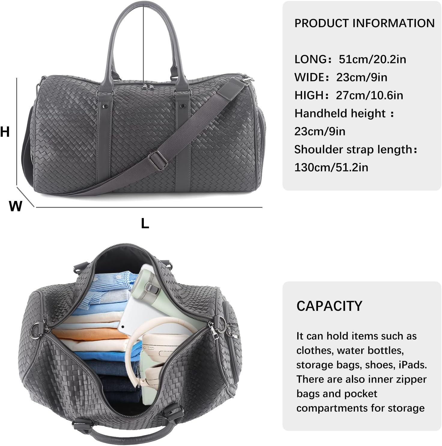Weekender Bags for Women Woven Leather Travel Duffel Bag with Shoe Compartment, Carry On Garment Bag for Men Women, Large Capacity Water-resistant Gym Tote (Gray) - Image 3