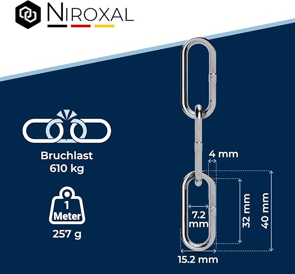 20-metros 4-mm cadena de acero inoxidable de espesor fabricado en V4A de eslabón largo de NietFullThings en cada unidad Cadena de anclaje DIN 5685 DIN 763 20-m - 3