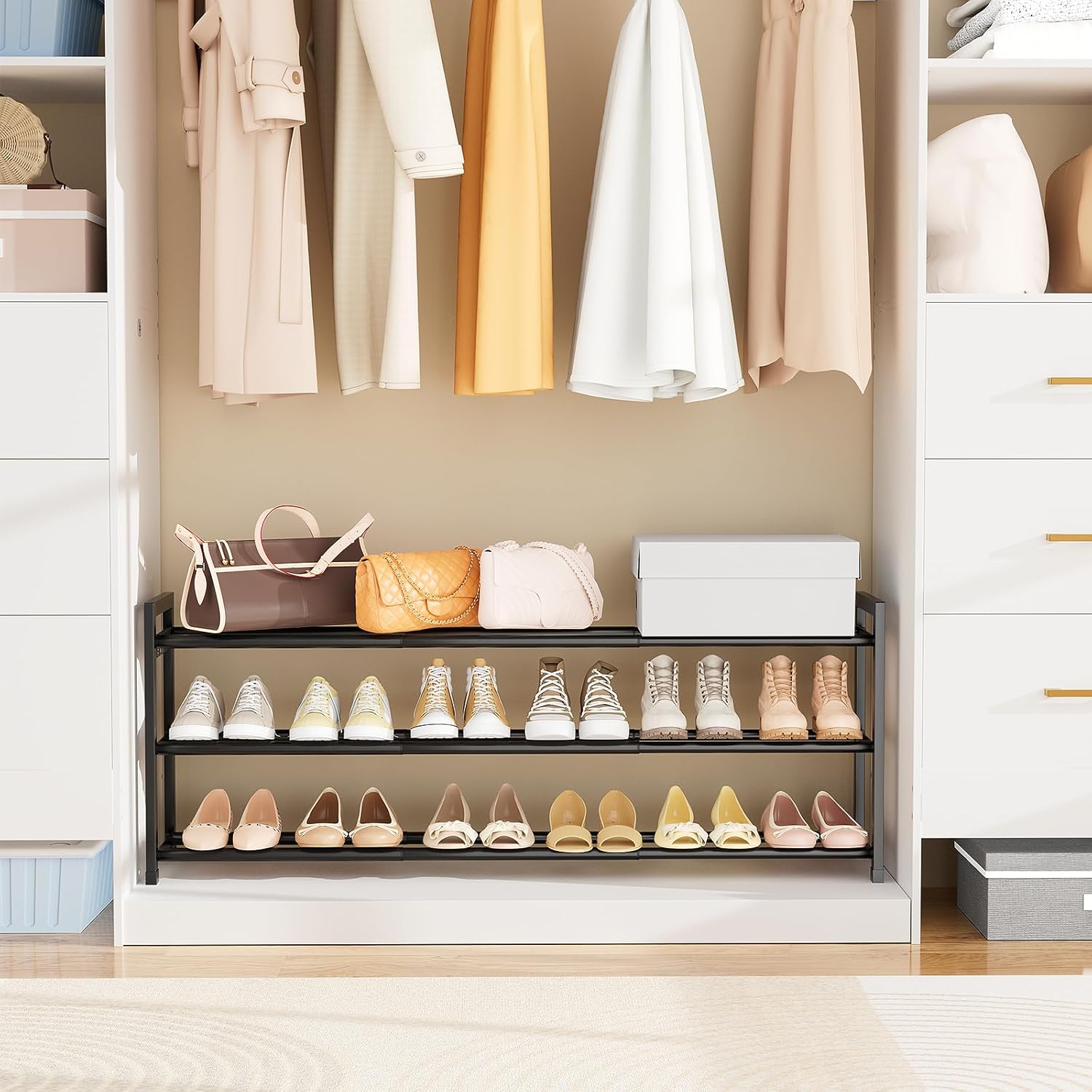 Expandable Shoe Rack - 18.5''- 47'' Adjustable Shoe Rack for Closet, 3 Tier Long Shoe Shelf Storage for 18 Pairs Shoe and Boot, Sturdy Metal Shoe Organizer for Entryway, Garage, Black