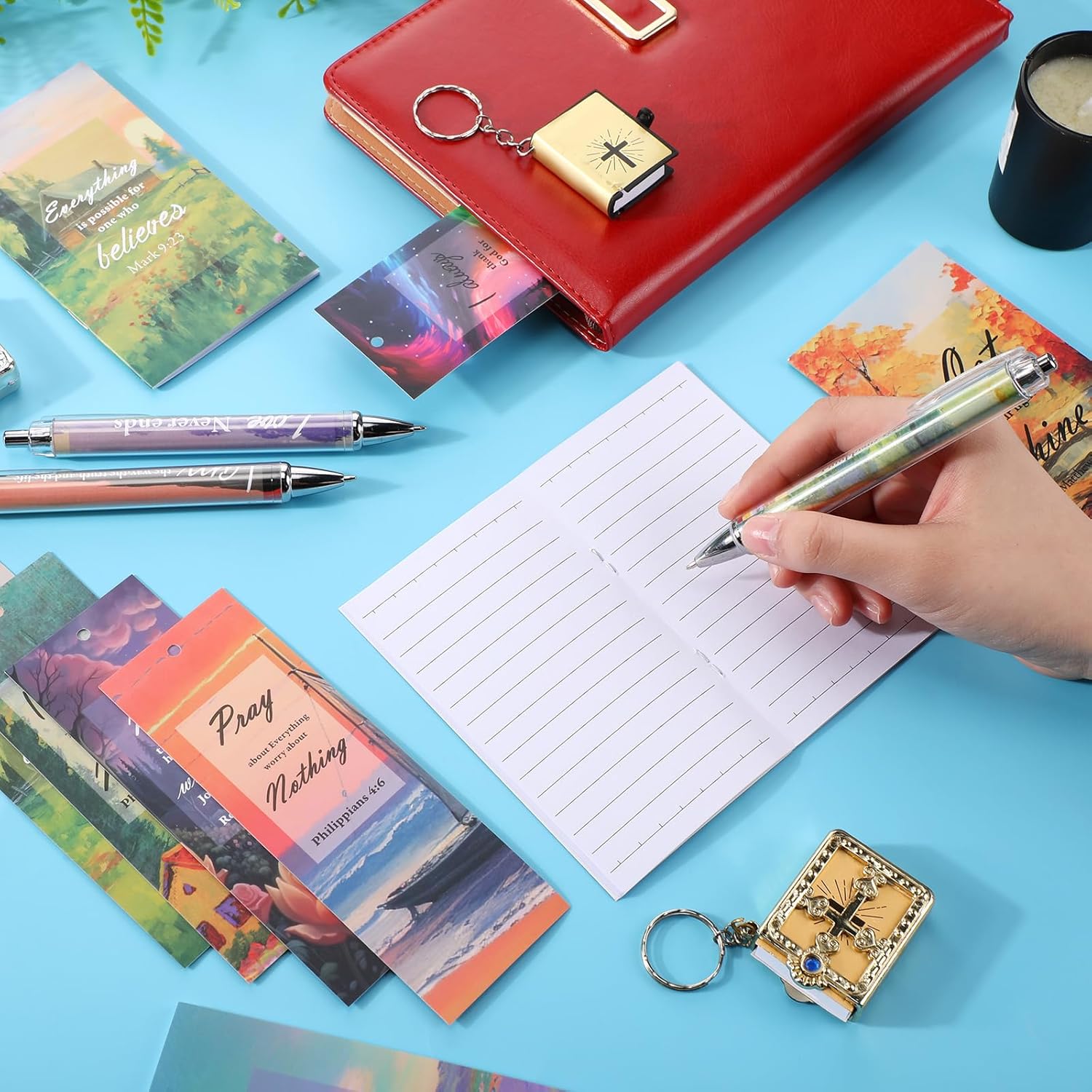 200 Pcs Christian Gifts for Women Christian Accessories Include 50 Bible Verses Notebooks 50 Church Bookmarks 50 Scripture Pens 50 Organza Bags for Church Motivational Gift(Scenery) - Image 9