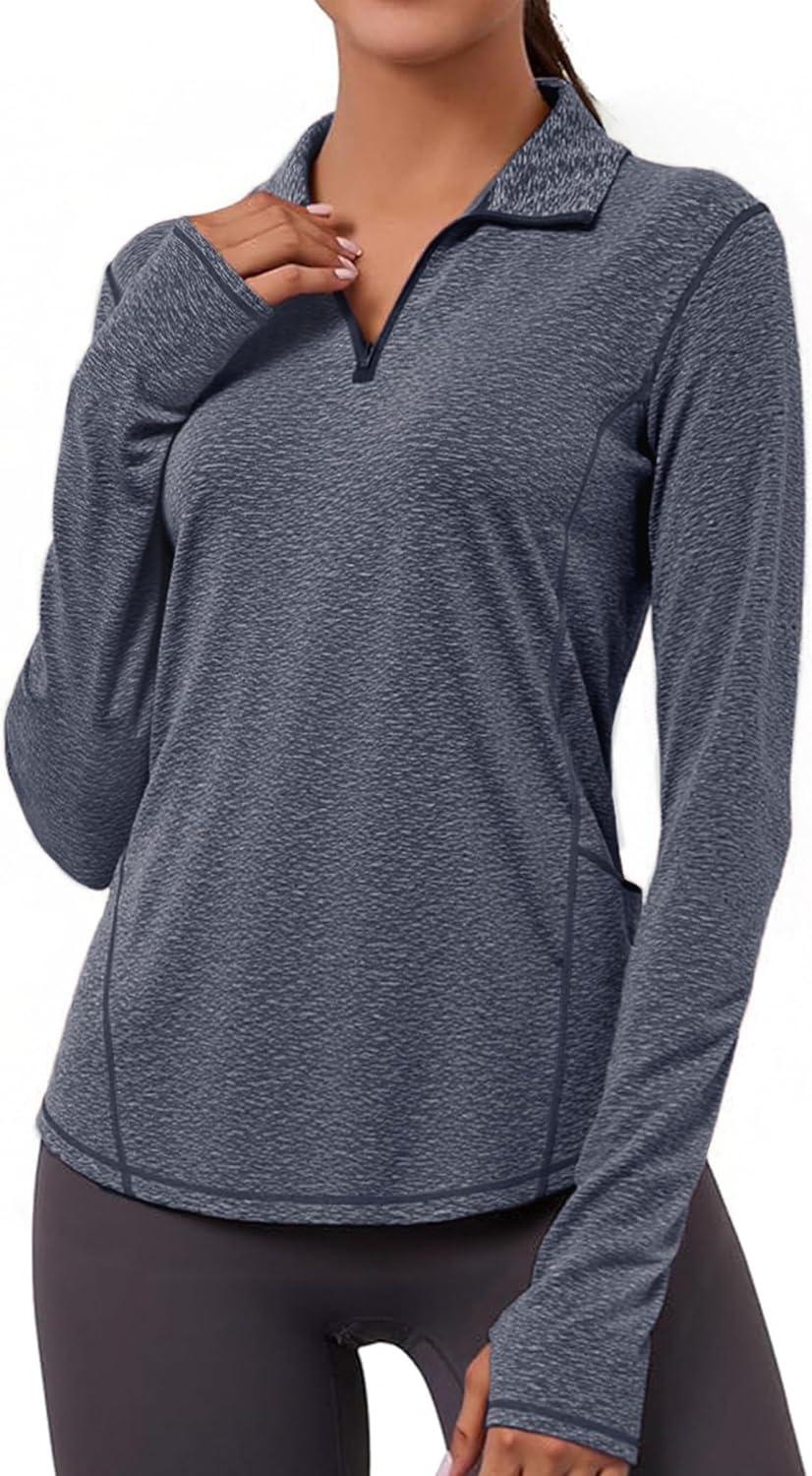 Gyabnw Women ‘s Gym Tops Workout Long Sleeve Jacket Running Yoga Sport Tshirt Half Zip Collar Activewear Thumb Holes Pocket