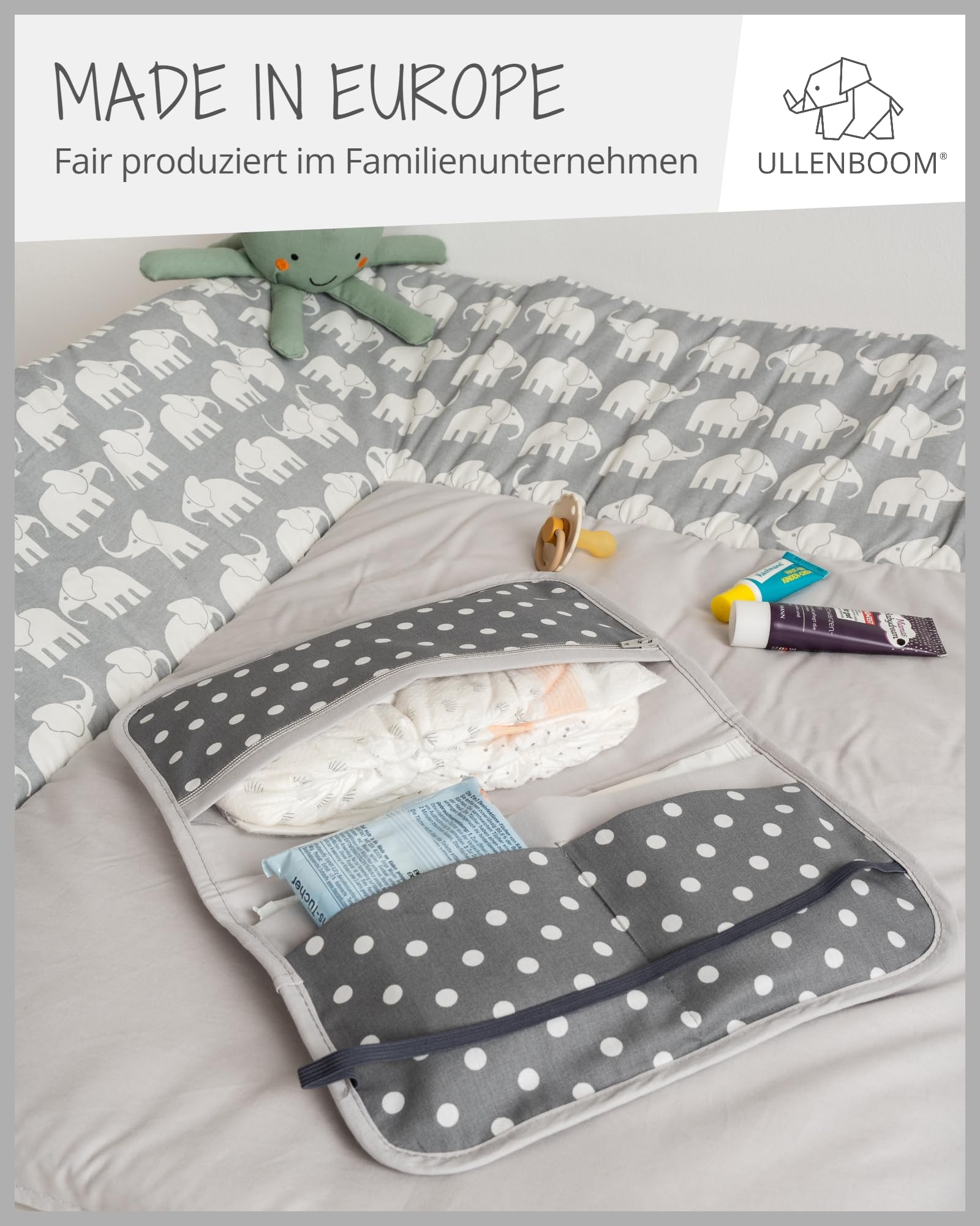 ULLENBOOM ® Sac à couches Eléphant gris (Made in EU) - Sac à langer pour jusqu'à 3 couches, lingettes & accessoires, pochette couches avec zip & élastique, petit & discret