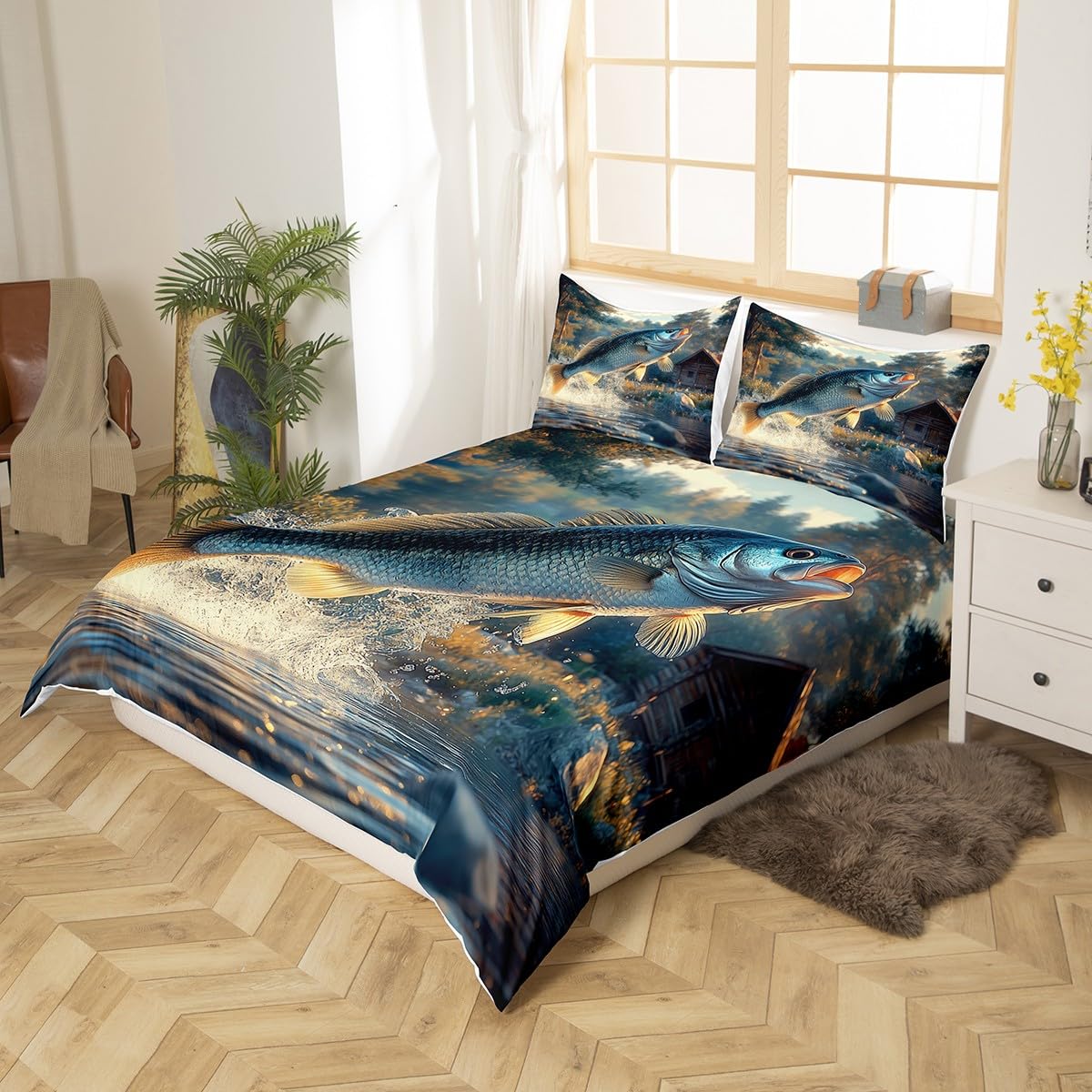 jejeloiu Pike Fish Bedding Set Bass Big Fish Duvet Cover Toddler for Kids Boys Girls Teens Fishing and Hunting Comforter Cover Set Rustic Farmhouse Bedspread Cover with 1 Pillow Case