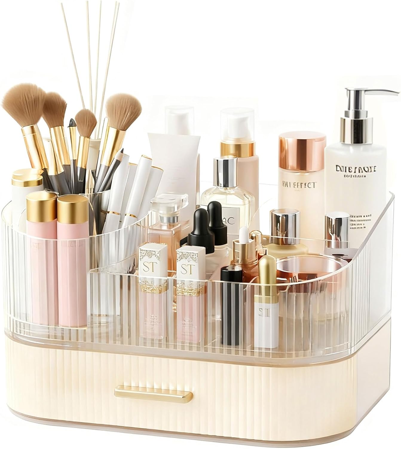 Makeup Organizer for Vanity with Stackable Drawers, 360 Rotating Makeup Brush Holder Large Cosmetic Display Case for Dresser, Bathroom Countertop Skincare Storage, Ideal Gift for Girls (3-layer)