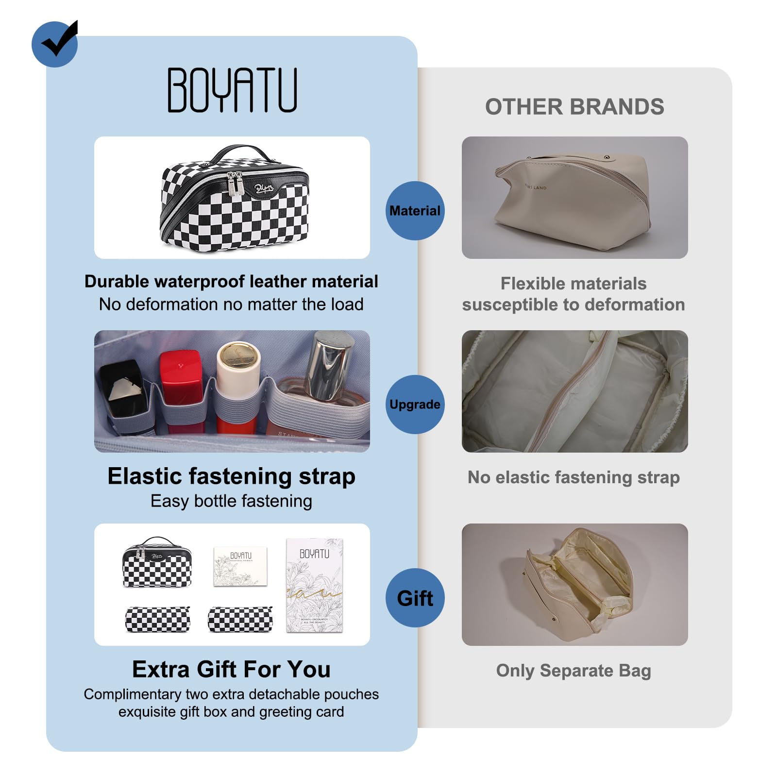 BOYATU Reise Make-up Tasche Kosmetiktaschen für Frauen:3-teiliges Make-up-Taschen-Set (A-5-kariert Mix Schwarz)