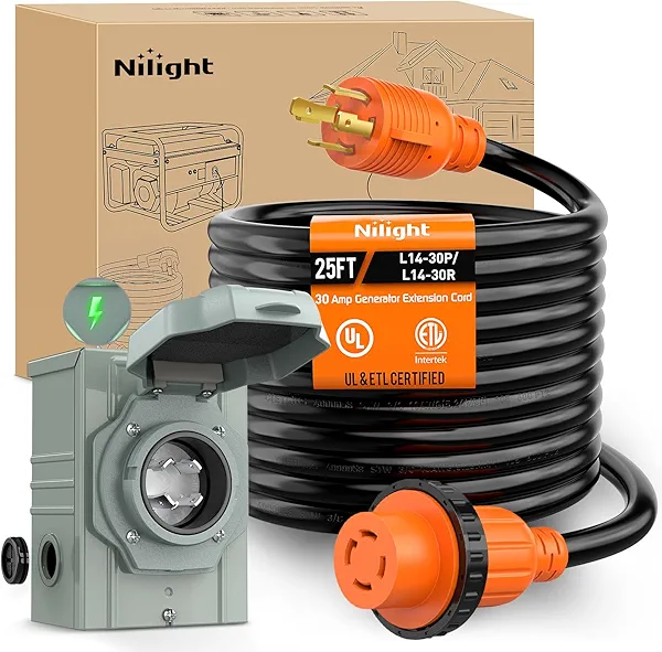 Nilight 30A 25FT Generator Extension Cord Power Inlet Box with Locking Connector 125/250V 7500W 10 Gauge STW ETL Listed 4 Prong L14-30P L14-30R Cable for Generator RV Outdoor Use