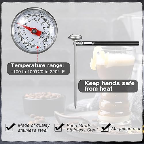 Miniatura 4 de Xuhal 6 Termómetro de cocina de acero inoxidable con vástago largo de 5 pulgadas de largo, termómetro de esfera de 1 pulgada, espuma de leche para