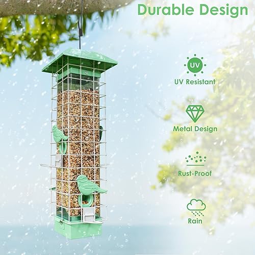 Miniatura 5 de Comedero para pájaros a prueba de ardillas comedero de metal para pájaros silvestres para colgar en el exterior con 4 perchas a prueba de ardillas