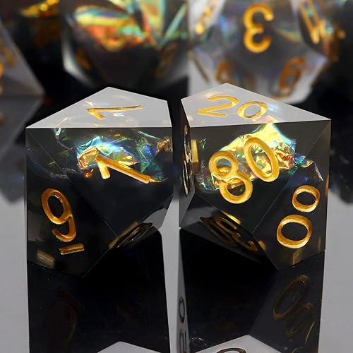 Miniatura 3 de PJOY DND - Juego de dados poliédricos con bordes afilados, 7 piezas de dados DND de resina negra iridecente Mylar Galaxy D&D con estuche de dados