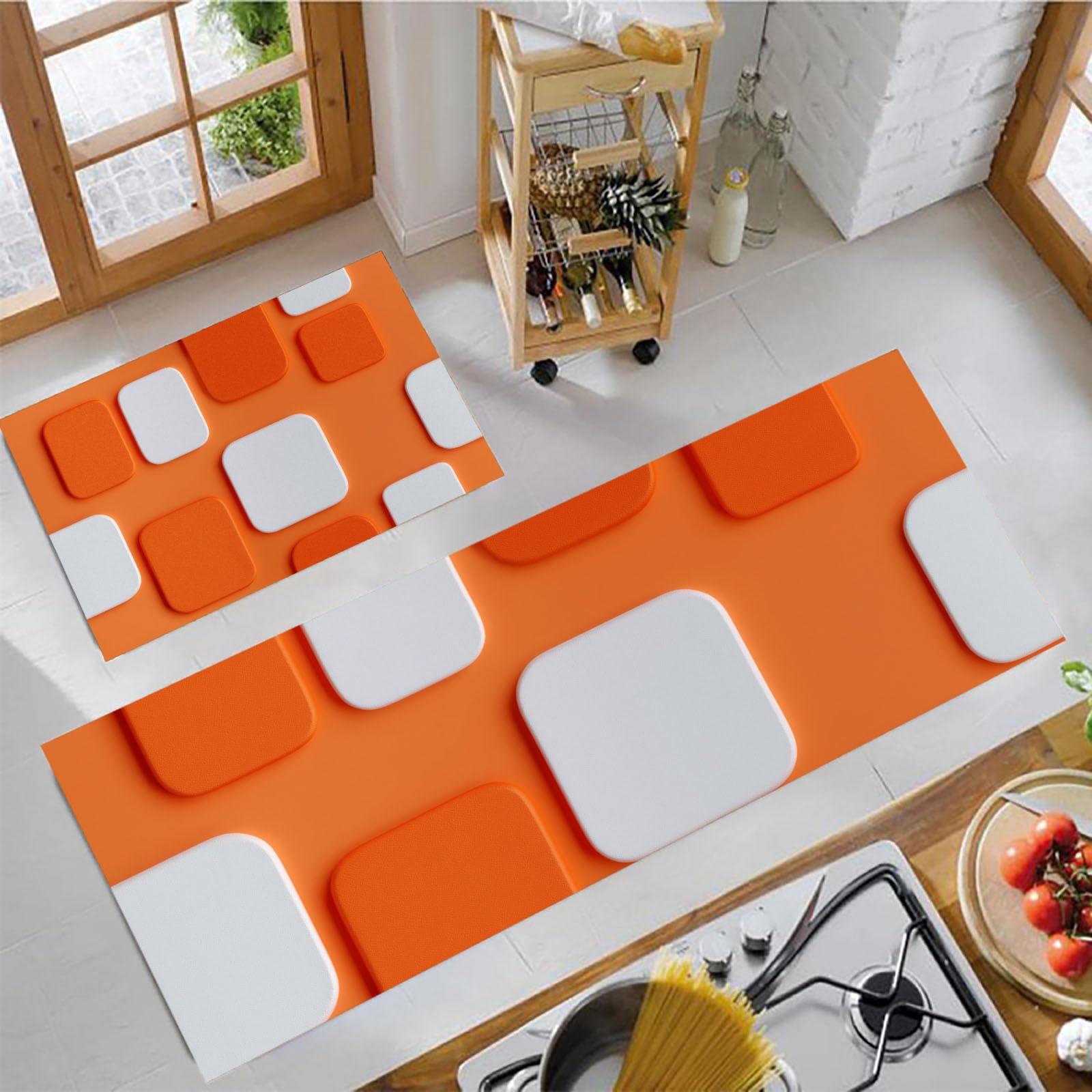 Tapis de cuisine antidérapants orange corail à motif géométrique 3D en lot de 2