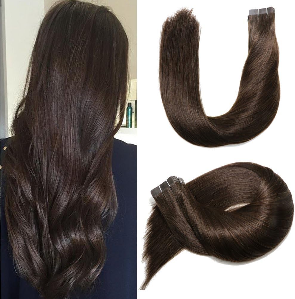 Tape in Hair Extensions 14 inch Dark Brown Straight Skin Weft in Human Hair Extensions 100% Remy Human Hair Super real 9A grade quality 20 pieces 50 gram per package real Human Hair