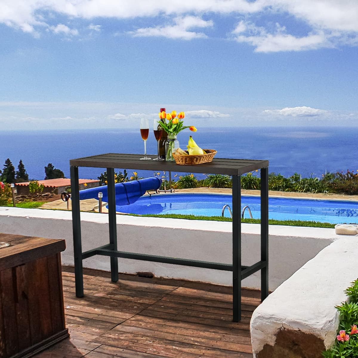 MEOOEM Patio Bar Table Height Bistro Table High Top Bar Table with Wooden-Like Top & Metal Frame for Outdoor Home Kitchen Cafe Bistro : Patio, Lawn & Garden