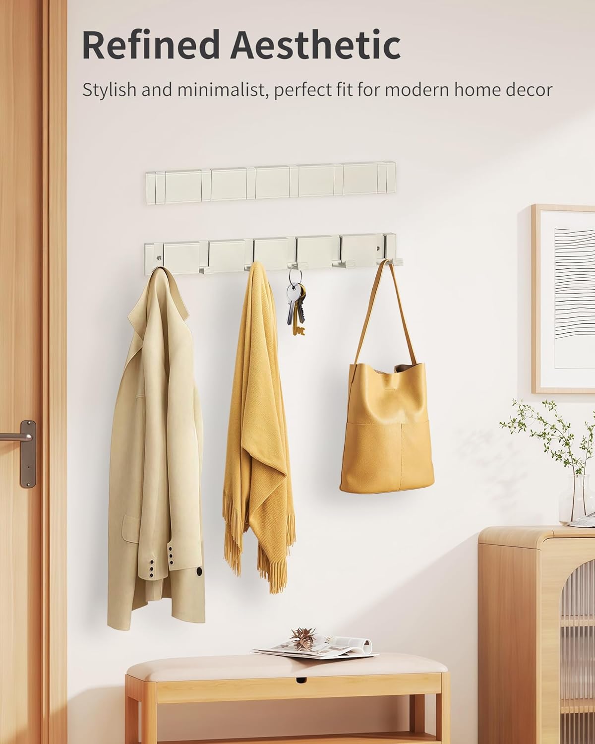 Coat Rack Wall Mount with 6 Hooks, Folding Coat Hooks for Wall Coat Rack Bathroom Shower Entryway Closet Hideaway Hook for Hanging Towel Clothes Hat Purse Key Hanger Creamy White 1 Pack