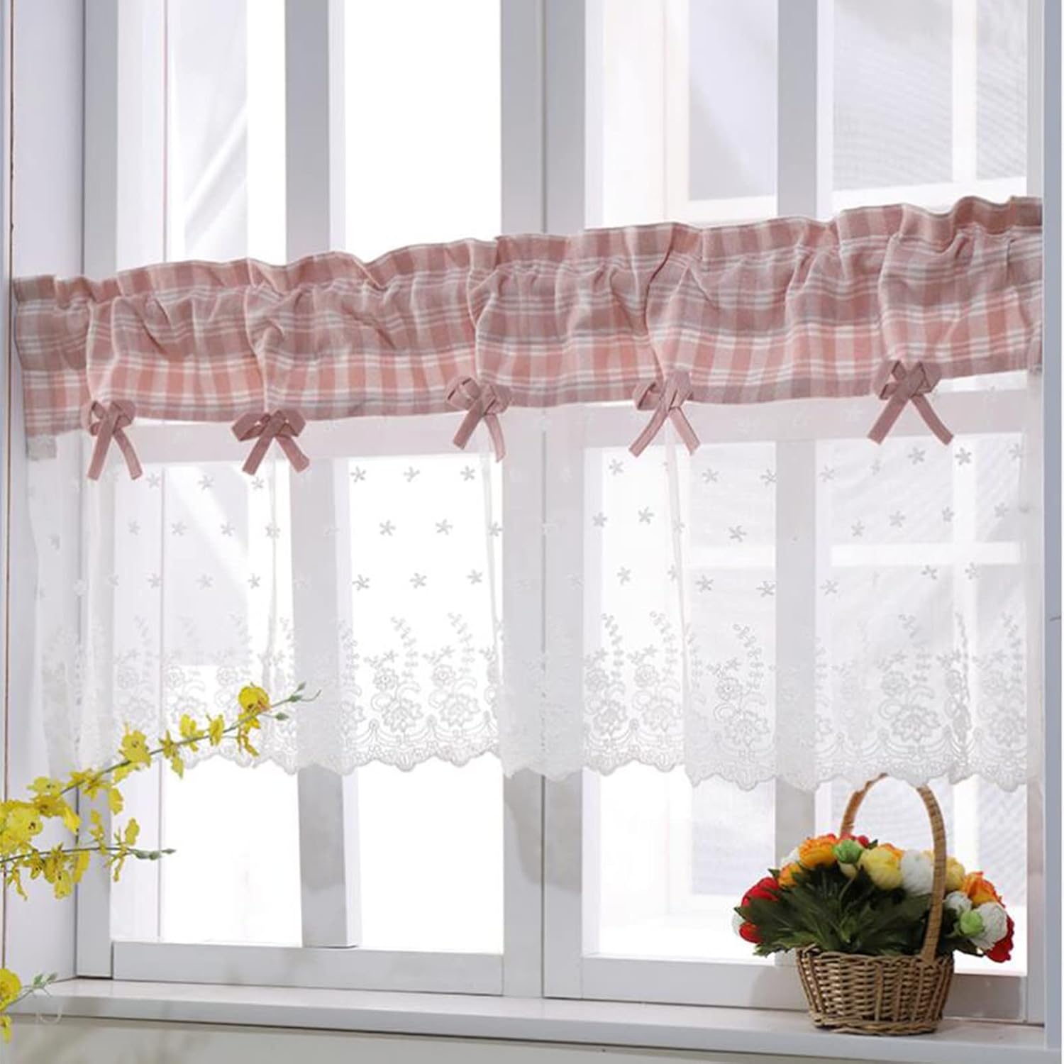Pink plaid Kitchen Curtains White Lace Splicin,Cafe Short Tier Curtains, Rural style Light Filtering Curtain Valance Rod Pocket,for Decor Small Windows/Cupboard/Door frames ( Size : W200xH60cm/78.7x23