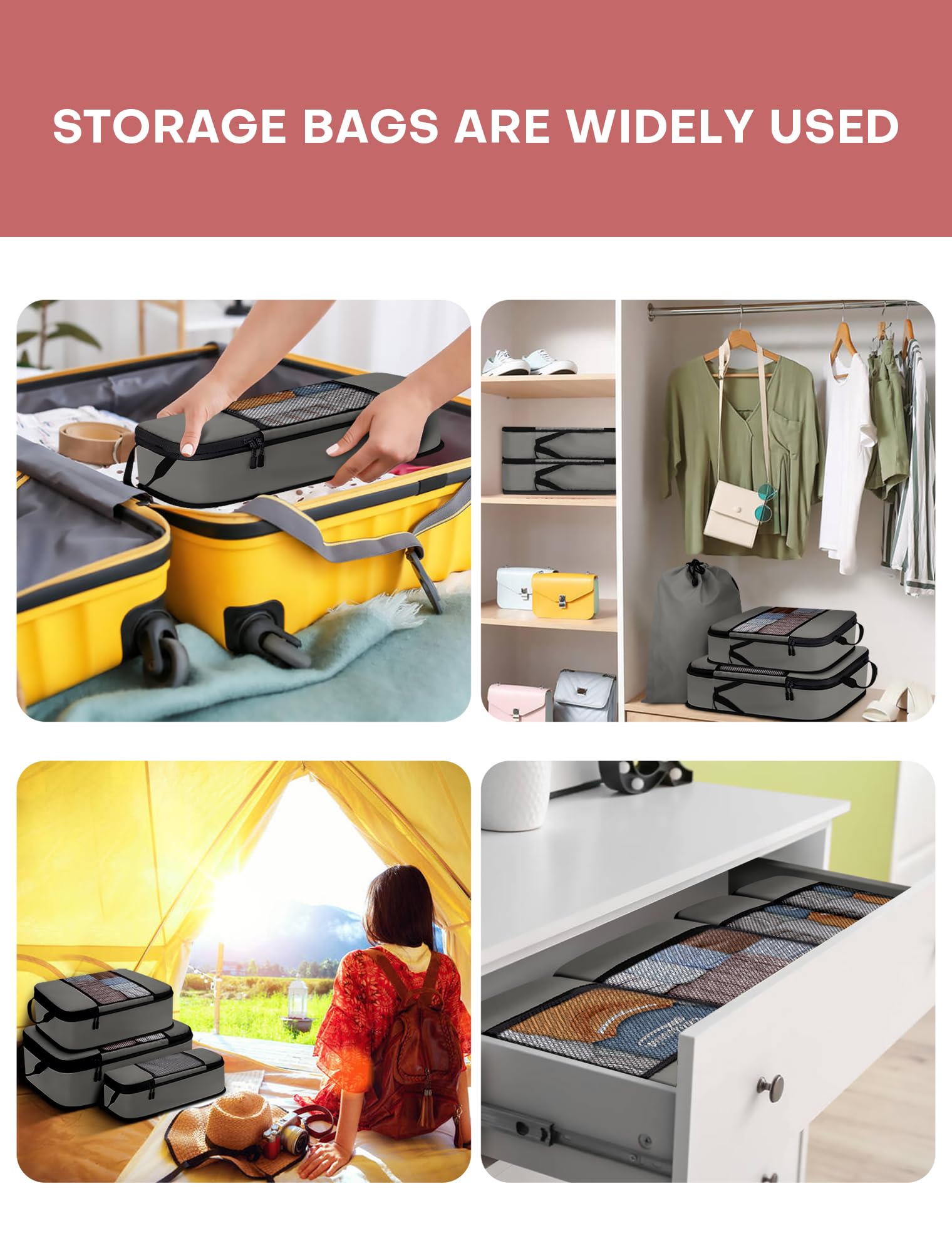 SDGFUI 4 Set/6 Set/8 Set di Cubi di Imballaggio di Compressione per Viaggio, Bagagli Da Viaggio Cubi di Compressione, Grigio, 6 Set, Da viaggio