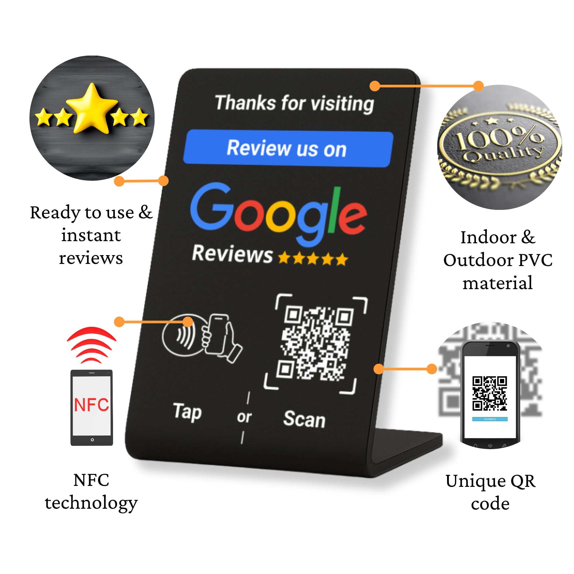 NFC Tap Google Review Stand - Boost Customer Feedback with Tap & Scan QR - No App, No Subscription - Works on iPhone & Android (Black, 1 Pack - 4.13"x2.75")