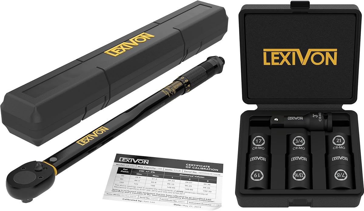 LEXIVON 1/2-Inch Drive Click Torque Wrench 10~150 Ft-Lb/13.6~203.5 Nm + Set of 1/2-Inch Flip Impact Socket, 6 Total Lug Nut Sizes