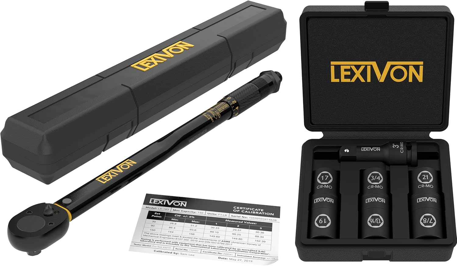 LEXIVON 1/2-Inch Drive Click Torque Wrench 10~150 Ft-Lb/13.6~203.5 Nm + Set of 1/2-Inch Flip Impact Socket, 6 Total Lug Nut Sizes