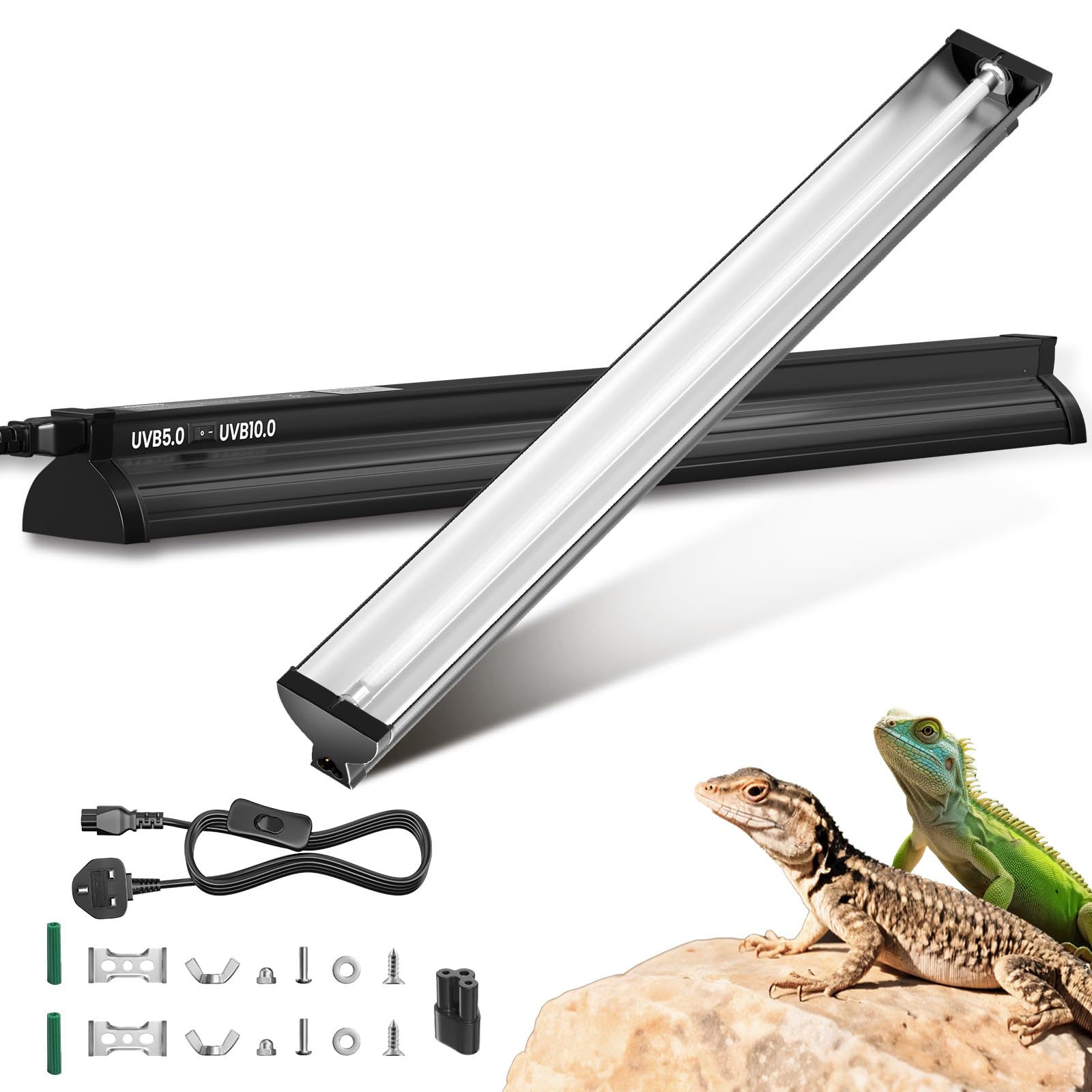 Lustaled 24W T5 UVB Light Reptile Kit for Rainforest & Desert Reptiles, Switchable UVB 5.0, UVB 10.0, 22Inch/57.6cm Terrarium Hood UVB Bulb kit for Bearded Dragon, Lizards, Chameleon, Turtle