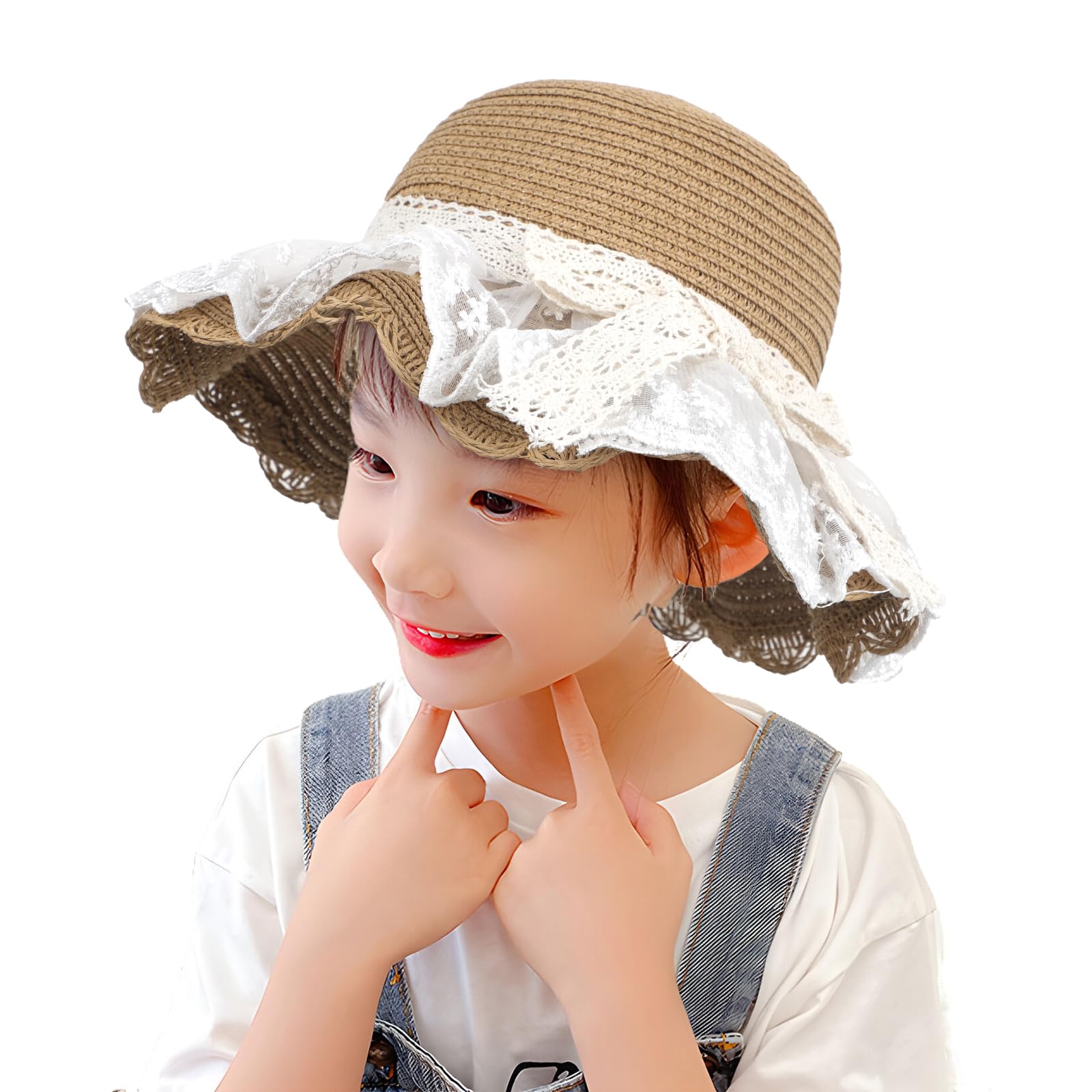 OhMill Chapeau de Paille Enfant Chapeau de Soleil avec Dentelle Capeline Fille Chapeau de Plage Chapeau d'Été à Large Bord Anti-Solaire Respirant pour Enfants 2 à 6 Ans