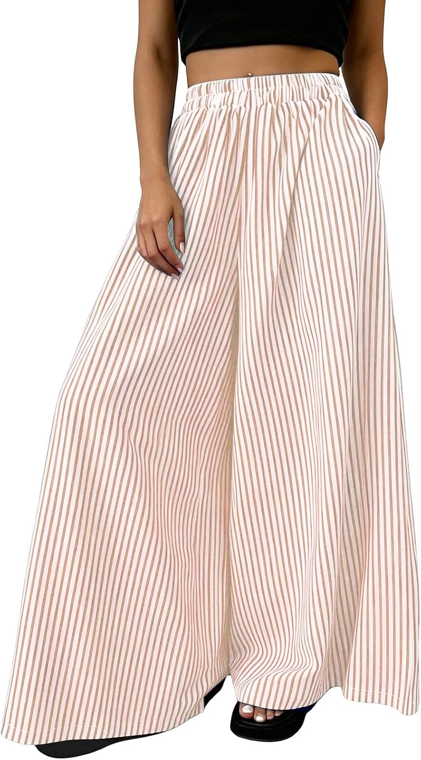 Womens Summer Casual Striped Pants Loose Wide Leg Elastic Waist Palazzo Trousers with Pockets Flowy Vacation Pant
