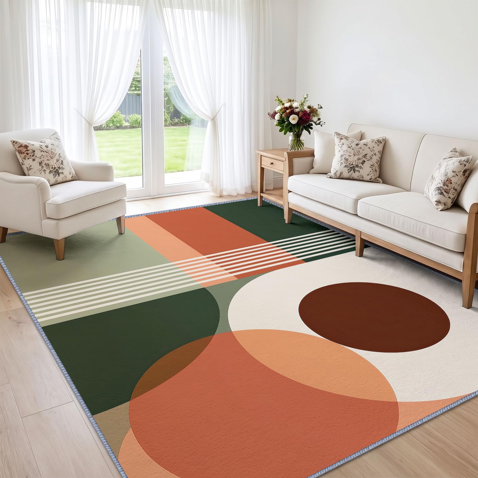 Mid Century nowoczesny geometryczny styl salon antypoślizgowy dywan 160 x 230 cm, do sypialni, terakota, leśny zielony, bloki, dywan, miękki, krótki, można prać w pralce, nie gubi włosia