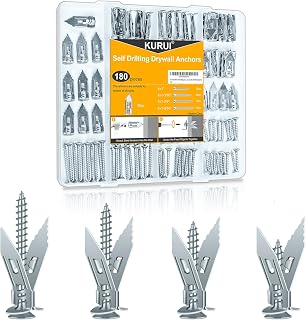 KURUI 180pcs Heavy Duty Metal Self-Drilling Drywall Anchors & Screws Kit - Renter Friendly for Sheetrock, Mirrors, Shelves, Pictures
