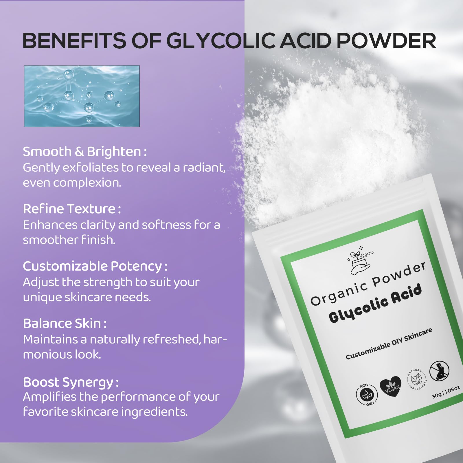 99% Pure Glycolic Acid Powder – Cosmetic Grade Exfoliant for DIY Skincare – Professional-Grade, Gentle Exfoliation for Radiant Skin - Ideal for Toners, Masks, and Chemical Peels - 30g