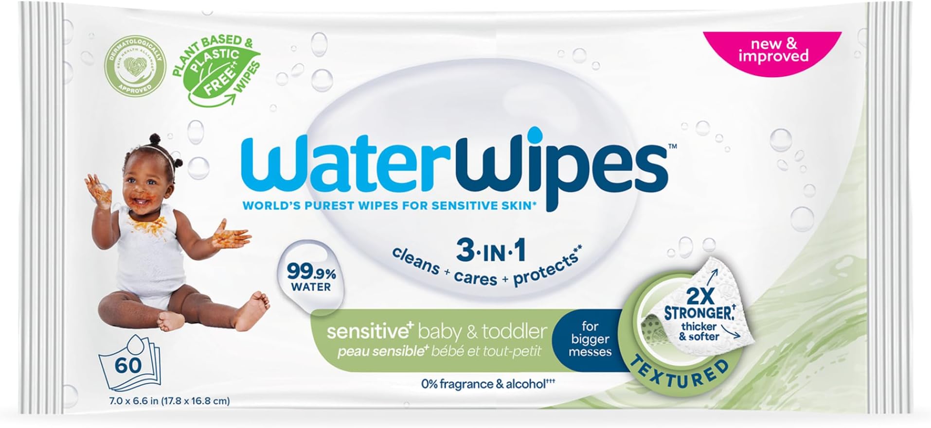 WaterWipes Plastic-Free Textured Clean, Toddler & Baby Wipes, 99.9% Water Based Wipes, Unscented & Hypoallergenic for Sensitive Skin, 60 Count (1 pack)