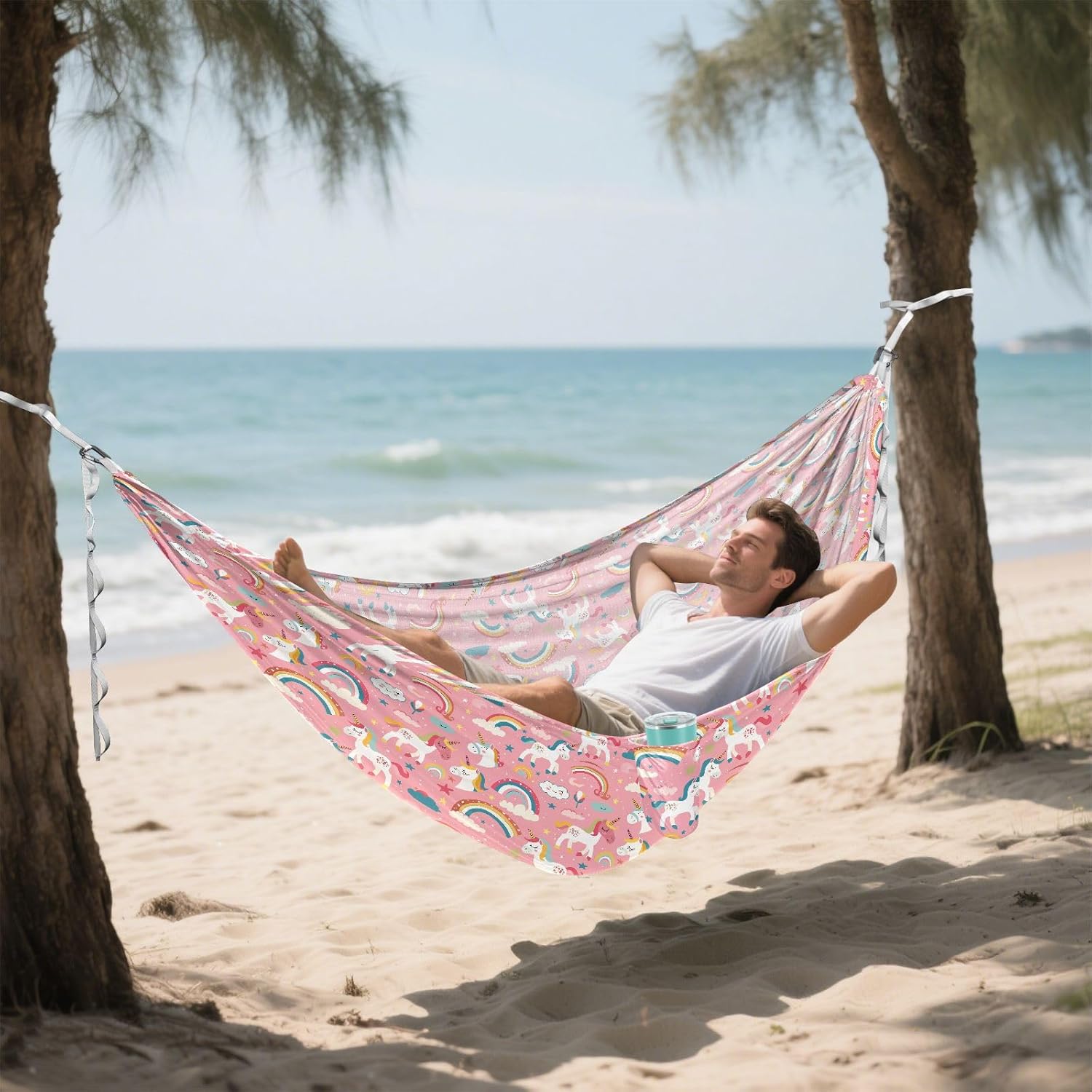 ALAZA Unicorn Rainbow Camping Hammocks Single or 2 Person 500 lbs Portable Parachute Travel Hammock w/Tree Straps for Hiking Backpacking Indoor Outdoor