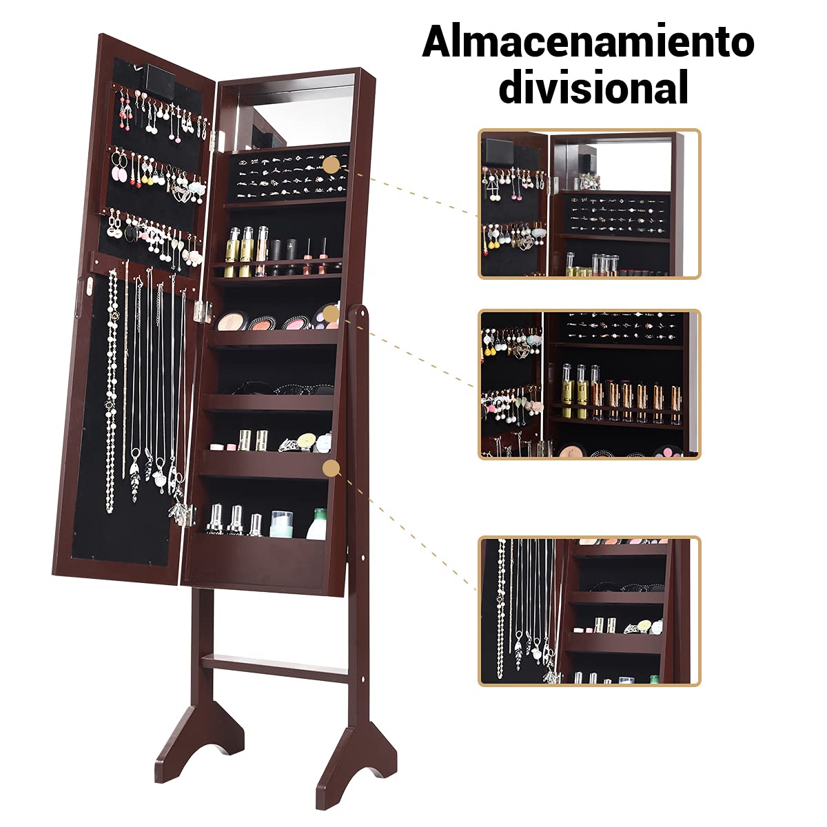 COSTWAY Armario para Joyas Espejo Joyero de Pie con 18 LED, Inclinación Ajustable, Marrón