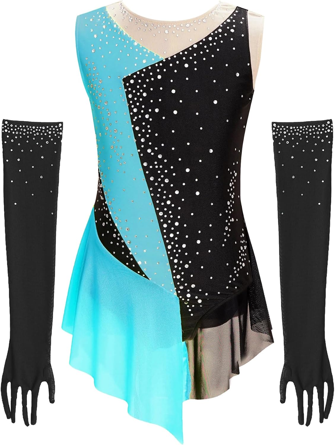 TiaoBug Girls Figure Ice Skating Dress with Gloves Modern Competition Dress