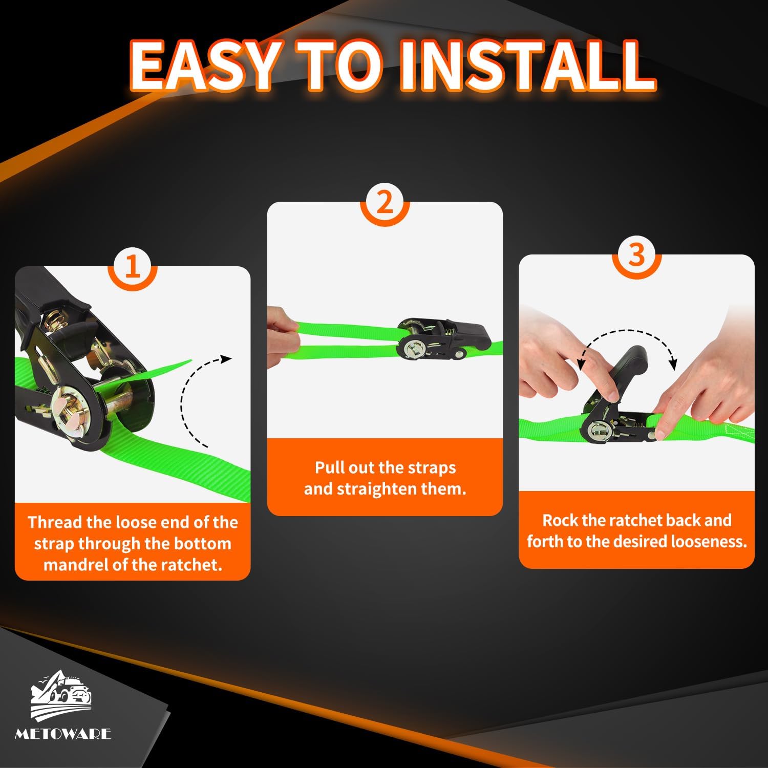 METOWARE Ratchet Straps 4 Pack -1" x 15' - Heavy Duty Ratchet Tie Down Straps - 1764 LB Break Strength – with Safety Lock S Hooks - Cargo Straps for Moving Appliances, Motorcycle (Green)