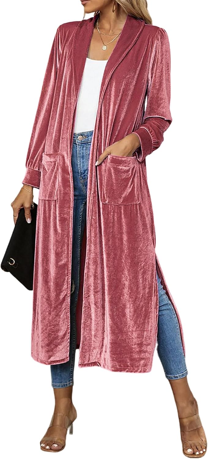 Women's Fall Velvet Duster Cardigan Jackets Vintage Solid Long Sleeve Open Front Side Slit Midi Coat with Pockets