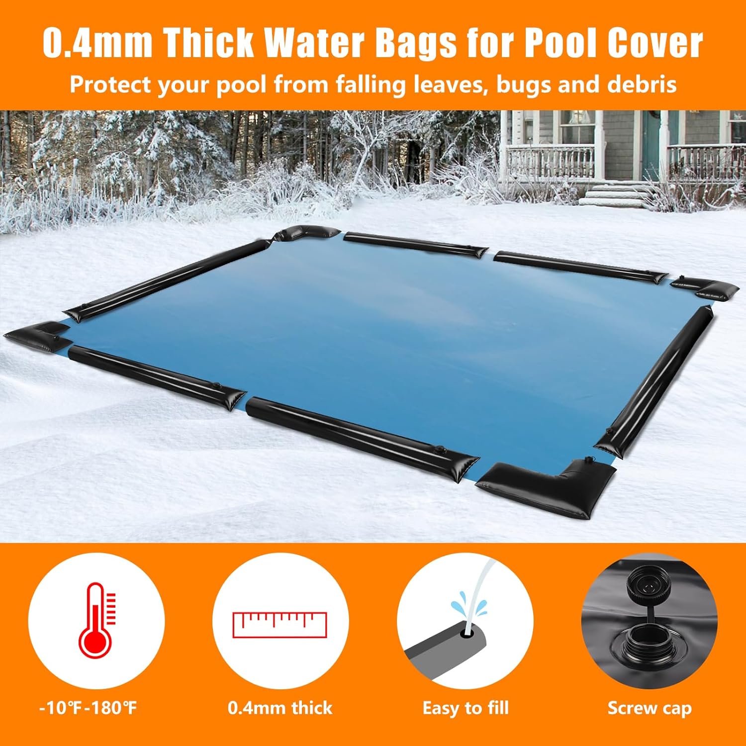 10 Pack 0.6mm Thicker Pool Cover Water Bags with Pool Cover Weights Corner, 8 Ft PVC Pool Water Tubes with Screw Caps for Winterizing for Inground Swimming Pool Winter Cover