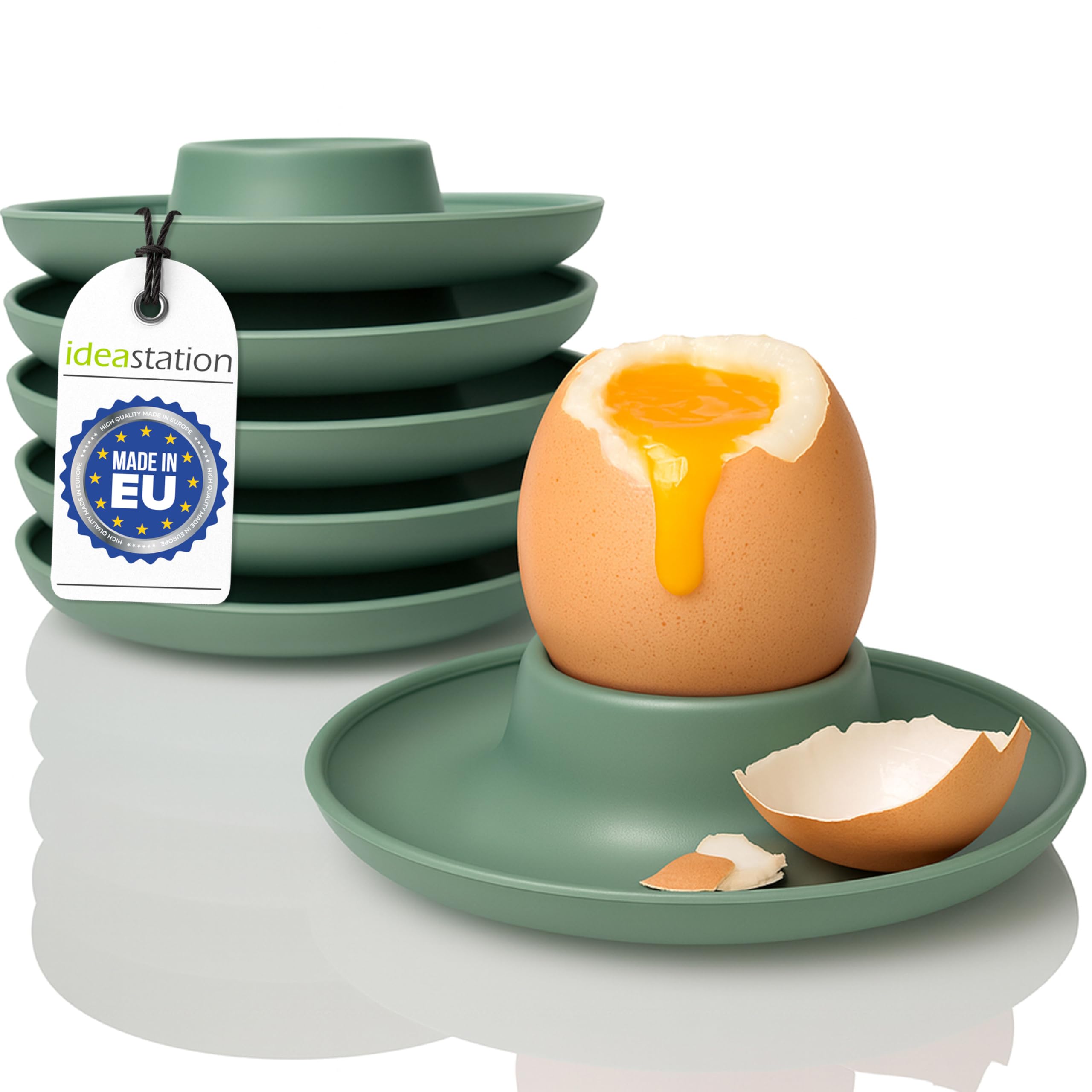 idea-station NEO Egg Cup Set made of plastic, 6 pieces - green-grey matte - shatterproof camping egg holders - with practical shelf and overflow protection