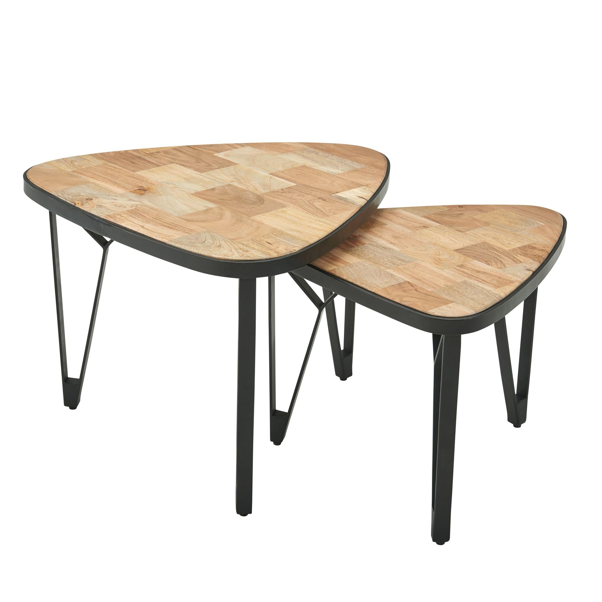 FineBuy Design Couchtisch 2er Set Mango/Akazie Massivholz Satztisch Dreieckig, Wohnzimmertisch Braun mit Metallbeine, Tischset 2-teilig Satztisch Holz/Metall Schwarz