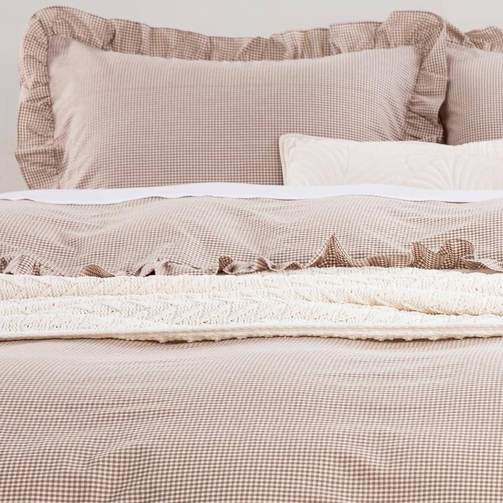 DAUAOTO Twin XL Ruffle Duvet Cover Set, 100% Cotton, Kids Teen Girls Duvet Cover 68"X92" + 1 Sham, Yarn Dyed Checkered Gingham Tan