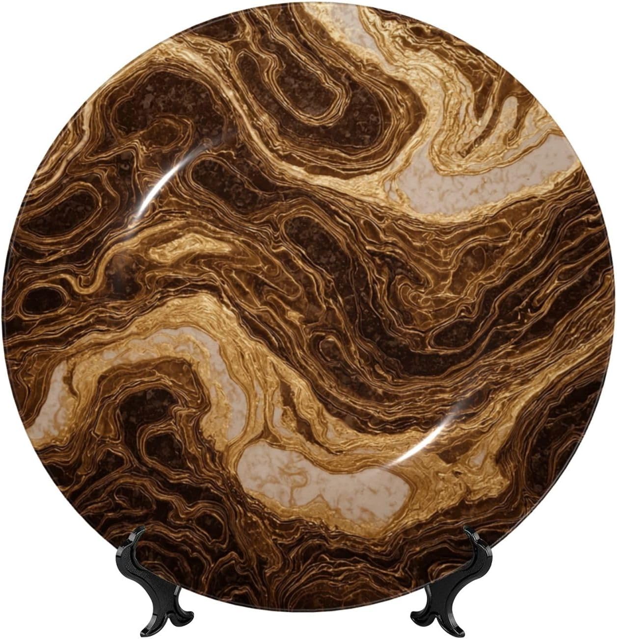 Bone China Decorative Plate with Display Golden Marble Ceramic Plates Crafts Art Decor Dessert Plate Ceramic Ornament Porcelain Plates for Living Room Kitchen Table Home Decor