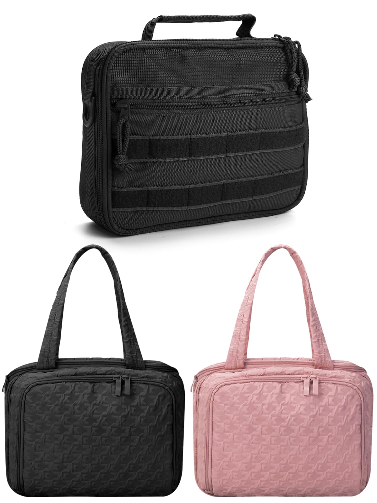 SMONT men's toiletry bag in black and women's toiletry bag in black and pink.