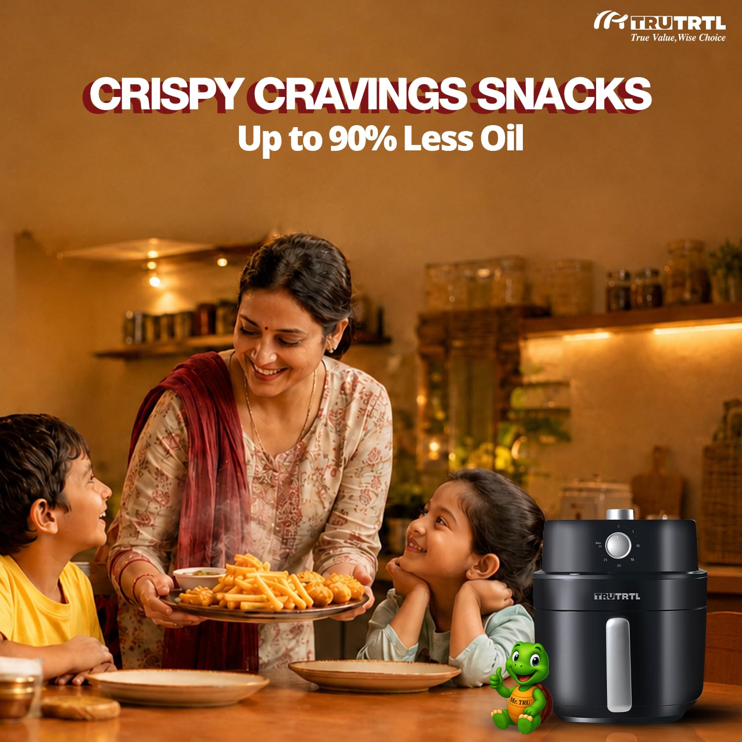 Mr. TRU Manual Air Fryer for Home | Actual 4.5 Liter | 1400 Watt | 1 Year Warranty | Uses 90% less Oil | Time & Temp Control Knobs | Glossy Black 1