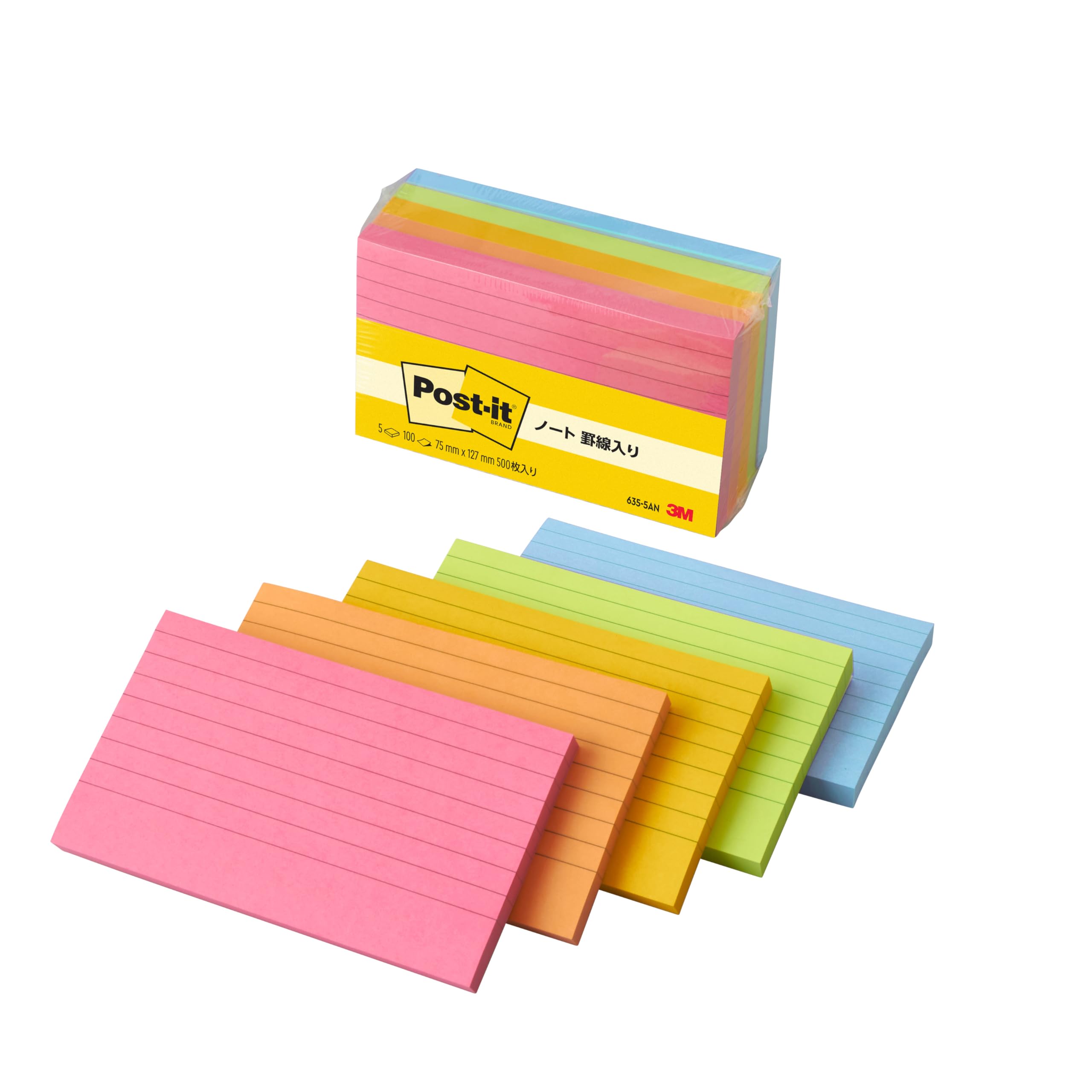 Post-it Notas adhesivas, rayadas, grandes, color neón, 75 x 127 mm, 100 hojas x 5 blocs 635-5AN