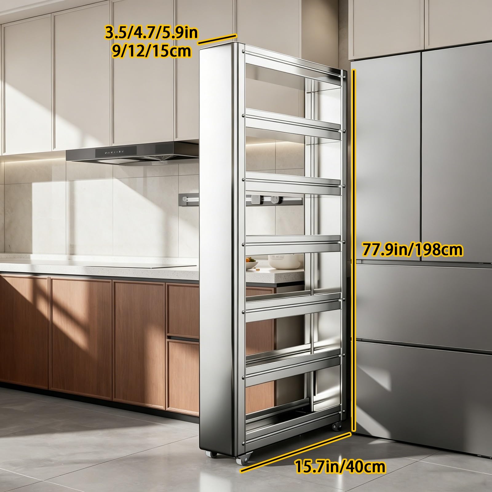 Carrito de almacenamiento delgado, organizador rodante de acero inoxidable con ruedas, estante estrecho extraíble para cocina, refrigerador, espacios pequeños, 15.7 x 4.7 x 52.7 pulgadas