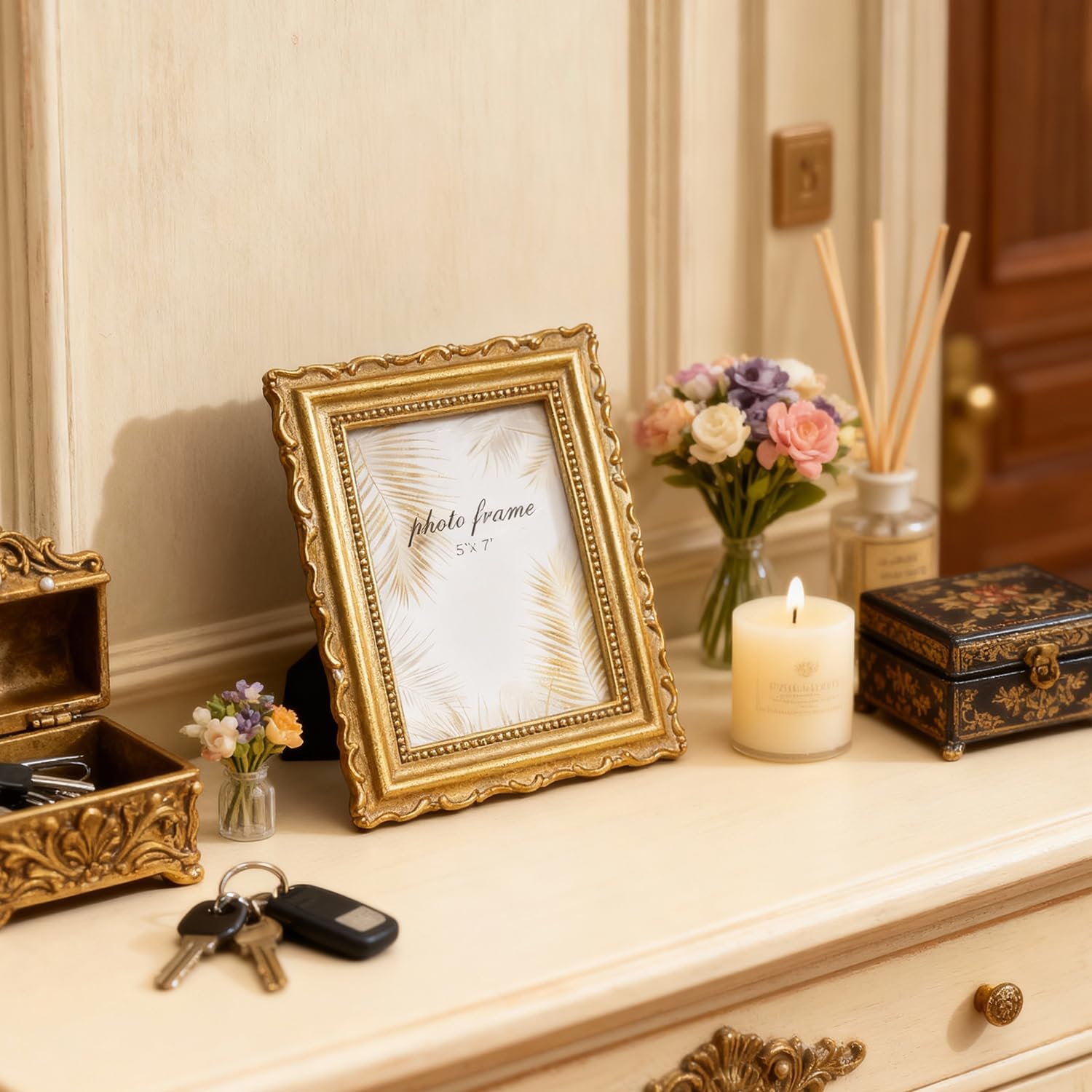 Ferrisland 5x7 Vintage Picture Frame, Gold Antique Ornate Picture Frame, Victorian Retro Decorative Photo Frames for Tabletop & Wall, Baroque Home Decor Frames, gift idea (Gold, 5X7)