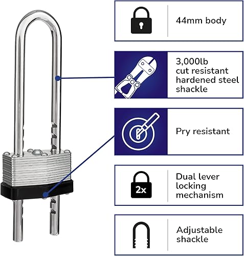 Miniatura 8 de BRINKS - Candado con llave de acero laminado de 1.732 in con grillete ajustable - Cromado con grillete de acero endurecido (paquete de 2)