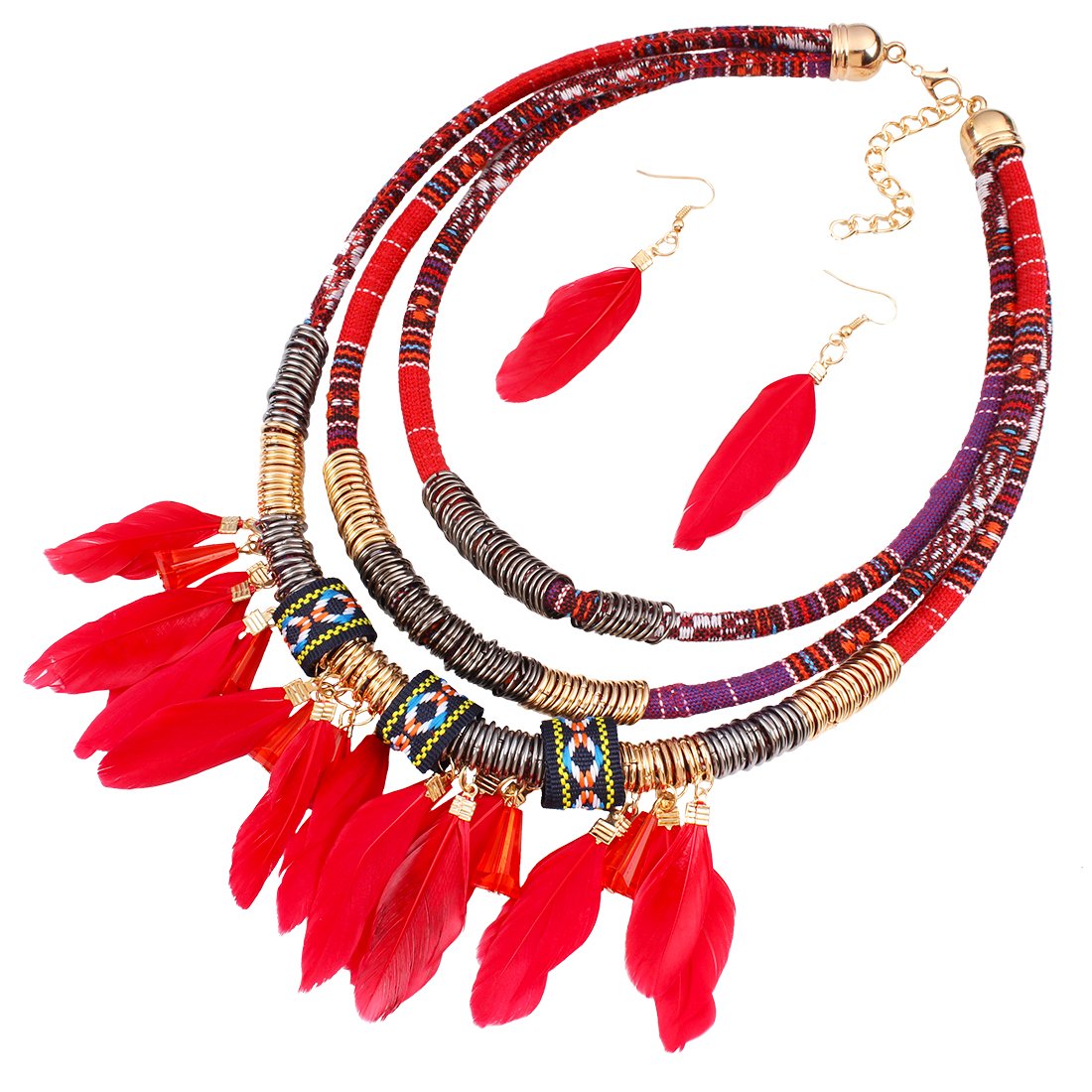 XY Fancy Feather Pendant Multi Layers Tribal Bib Necklace Statement Earring Jewelry Set