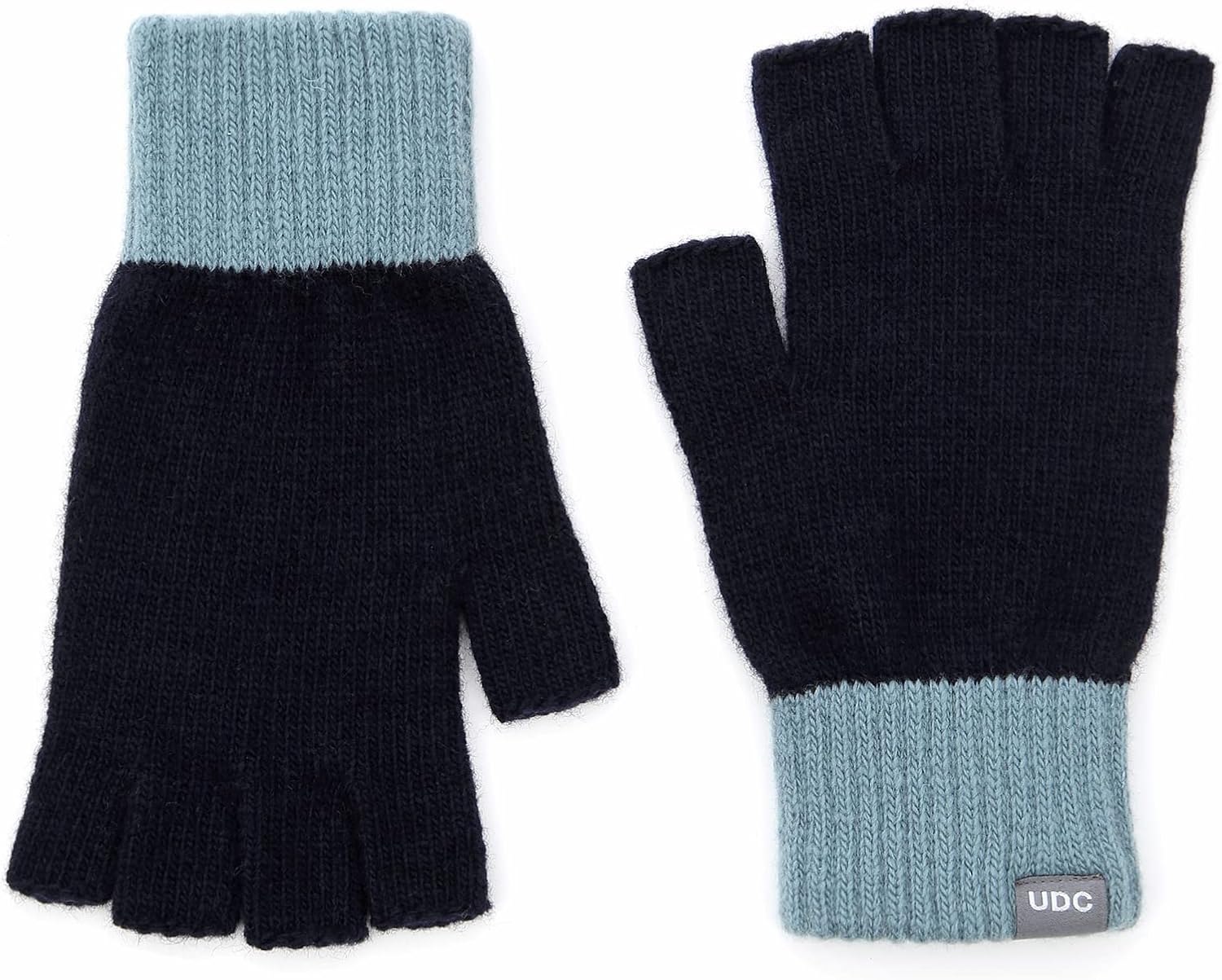 UNDERCONTROL Logo Label Unisex Fall Winter Outdoor Two Solid Color Collaboration Mix Stretchy Knit Fingerless Half Finger Warmer Casual Gloves Mittens Handwarmer Korea (NAVY SKY) - Image 2